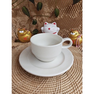 ชุดกาแฟพร้อมจานรองสีขาวลายตารางขอบตั้ง ชุดกาแฟเซรามิคขนาดความจุ 7ออนซ์