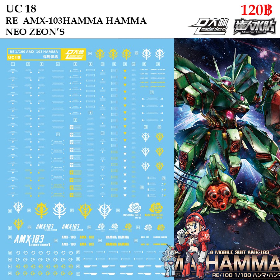 ดีคอลน้ำ [D.L. Darlin] UC18 RE AMX-103 HAMMA HAMMA NEO ZEON'S RE 1/100 Water Decal UC 18