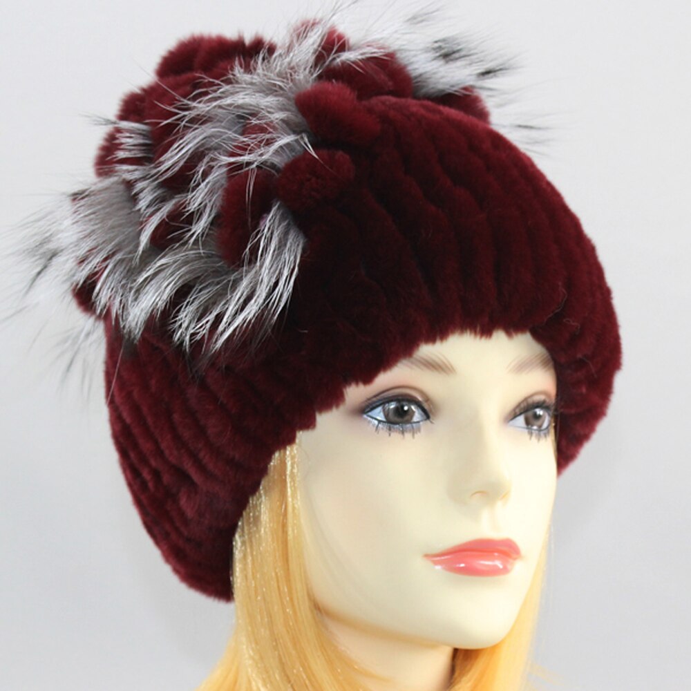 High Quality Knitted Fox Fur Winter Hats Real Rabbit Fur Bucket Hat For Women