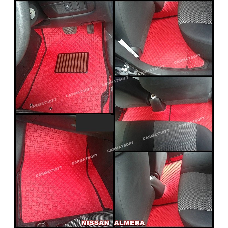 ยางปูพื้นรถยนต์ลายกระดุม ALMERA  สีแดงขอบดำ 12 ชิ้น เต็มคัน เข้ารูป  พื้นเรียบ+กันสึก