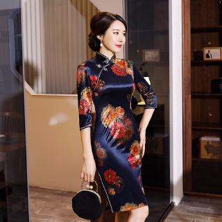 แฟชั่นชุด Cheongsam แขนสามในสี่กำมะหยี่ทองชุดสั้นอย่างเป็นทางการวินเทจจีนดั้งเดิมชุด 4XL