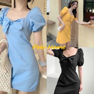 MINI DRESS ชุดเดรสกระโปรงสั้นสีพื้น ชุดเดรสสีพื้นแขนพอง สไตล์ฝรั่งเศส ชุดเดรสสั้น งานนารัก