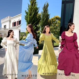 Mute - Piza dress เดรสเเขนพองผ้าลินินยาว เเมกซี่เดรสทะเล