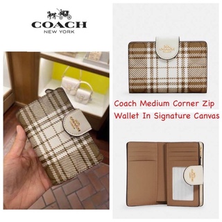 💕Coach Medium Corner Zip Wallet In Signature Canvas With Hunting Fishing Plaid Print (C6011)