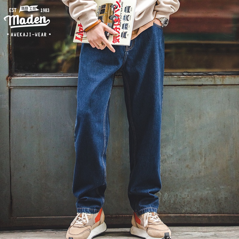 Maden  Brand กางเกงยีนส์ขายาวสําหรับผู้ชายสีน้ําเงินเข้มทรงหลวมใส่สบายๆ