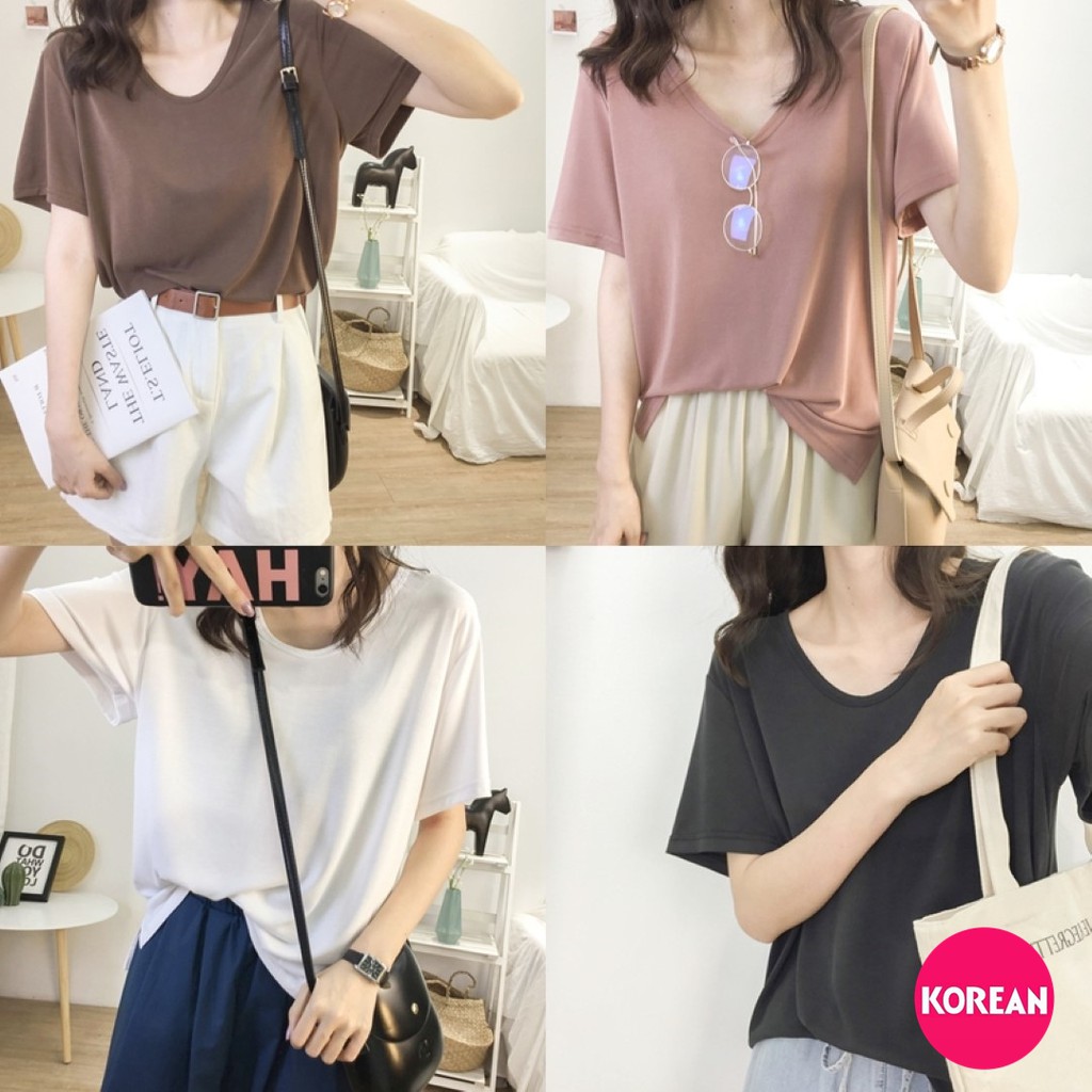 Korean Fashion เสื้อยืดแขนสั้นคอลึก 4 สีพื้น เนื้อผ้านิ่มเด้ง แฟชั่น