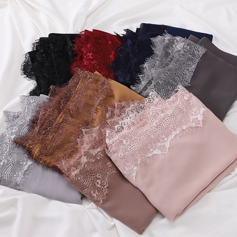 Jifang ผู้หญิงธรรมดาฟองชีฟองขนตาลูกไม้ Brim Decor Pashmina ผ้าคลุมไหล่มุสลิม Hijabs ผ้าคลุมไหล่ Tunung WJ835