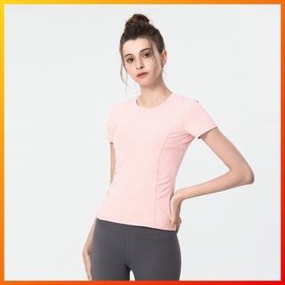 Lululemon  เสื้อโยคะ แขนสั้น รัดรูป ยืดหยุ่น ระบายอากาศ สบาย คลาสสิก คอกลม จีบด้านข้าง ด้านบน 1298