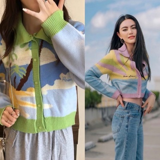 Davi knit cardigan เสื้อไหมพรมแขนยาวงานทอลายทักตัว ปักอักษร เหมือนของ Kใหม่ดาวิกาคะ กระงานดุมสีม่วงสีเดียวกับเสื้อ jry