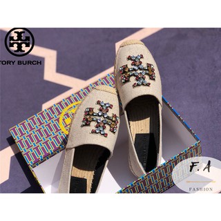 F.A (ของแท้ 100%) tory burch รองเท้าผู้หญิงรองเท้าชาวประมง / ผ้าใบแบน / รองเท้าสลิปออนแบบสวม / หินขัด / รองเท้าฟาง