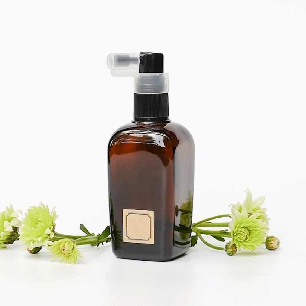 Homequarterbkk-Square Brown Glass Bottle 100ml-Spray ขวด แก้ว ฝาสเปรย์ สีชา สีน้ำตาล ขวดน้ำ ขวดยา แจ