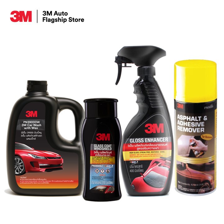 3M Set แชมพูล้างรถ 1000ml. PN39000W + เคลือบกระจก PN08889LT + เคลือบเงารถยนต์ PN39034LT + ลบคราบยางมะตอย PN9886