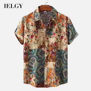 Ielgy เสื้อโปโลแขนสั้น คอปก ลายดอกไม้ สไตล์รีสอร์ท สําหรับผู้ชาย