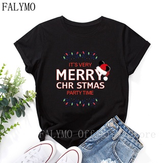 ⚡️ พร้อมส่ง⚡️ Merry Christmas Party Time Holiday Shirts Women Short Sleeve Cotton Summer Tops Graphic T-shirts Female