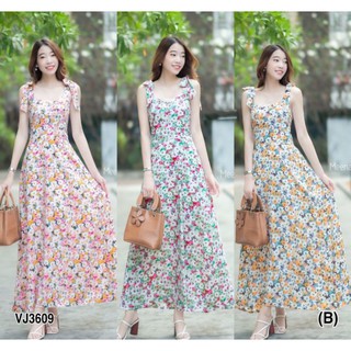 Maxi Dress เดรสยาว ผูกโบว์ไหล่ ลายดอกไม้หวาน มีสม๊อคด้านหลัง