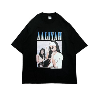 เสื้อยืดโอเวอร์ไซส์เสื้อยืด แขนสั้น พิมพ์ลาย Aaliyah สีดําS-3XL