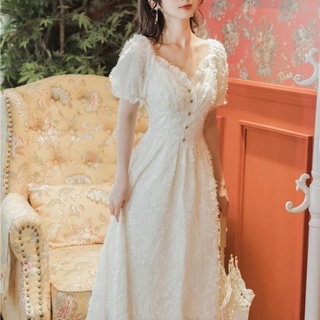 Emily Fashion Shop ชุดเดรสกระโปรง แขนพัฟ เอวบาง ลายดอกไม้ สไตล์ฝรั่งเศส เรโทร เหมาะกับฤดูร้อน สําหรับสตรี