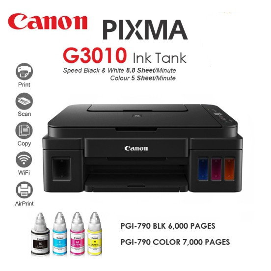 CANON Inkjet All in one Printer PIXMA G3010 + แถมหมึก 4800 x 1200 dpi / Copy / Scan / WiFi การเชื่อม