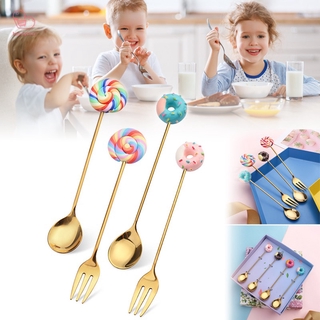 【สินค้ามีจำหน่าย】 Ins ช้อนสเตนเลส ลายลูกกวาด สไตล์ญี่ปุ่น Stirring Spoon Fruit Fork with Innovative Lollipop and Cute Donut Shaped for Dessert Shops HT