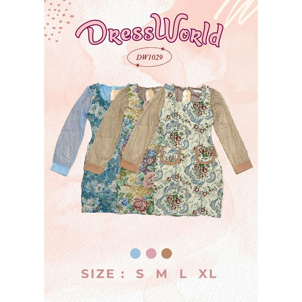 {S-XL} 1029 งานป้าย Dress World ชุดเดรสสั้น ผ้าทอ แขนยาวซีทรู ลายดอก สวย เซ็กซี่เบาๆ
