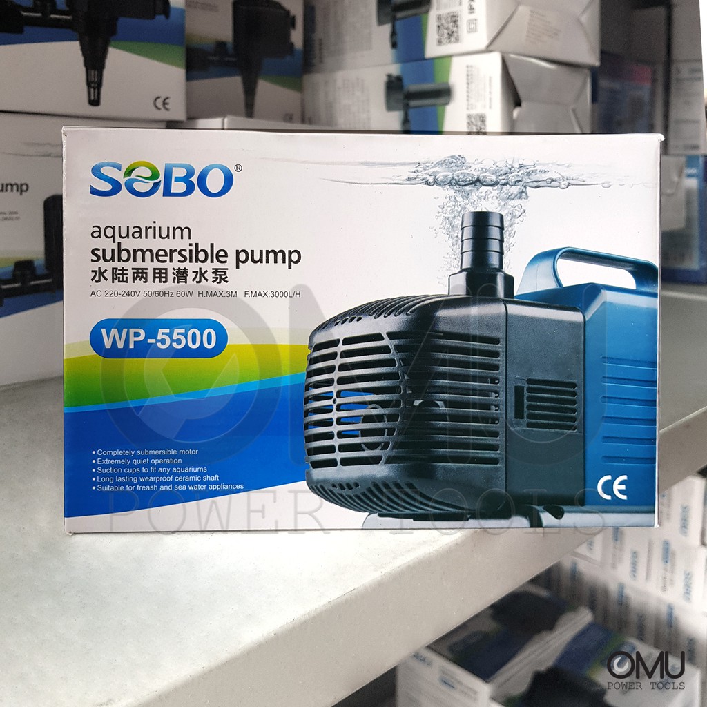 SOBO WP-5500 ปั๊มน้ำตู้ปลา บ่อปลา กำลังไฟ 60w 3000ลิตร/1ช.ม. สำหรับ บ่อปลา บ่อกุ้ง บ่อกรอง บ่อกรอง น