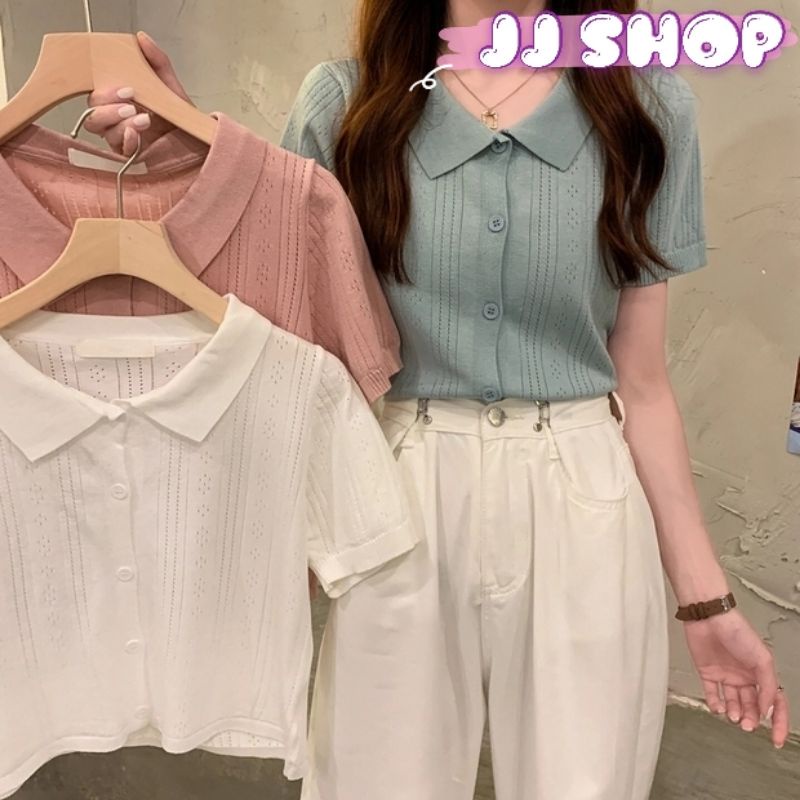 JJ Shop​💜​พร้อมส่ง เสื้อไหมพรมแขนสั้น ทรงครอปใส่ง่ายสบาย คอปก สีพื้น "59035"