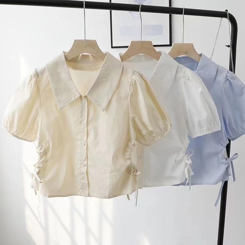 #FP105 เสื้อเชิ้ตคอปก กระดุมหน้า ดีเทลผูกเชือกด้านข้าง มี 2 สี💘