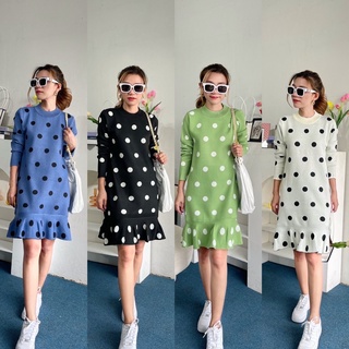 Polka dot knit dress เดรสไหมพรม เดรสไหมพรมแขนยาวลายจุด เดรสสั้นแขนยาว แต่งระบายชายกระโปรง