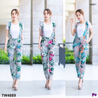 J4889 Set2 ชิ้น เสื้อยืดคอกลม+เอี้ยมกางเกงลายดอก