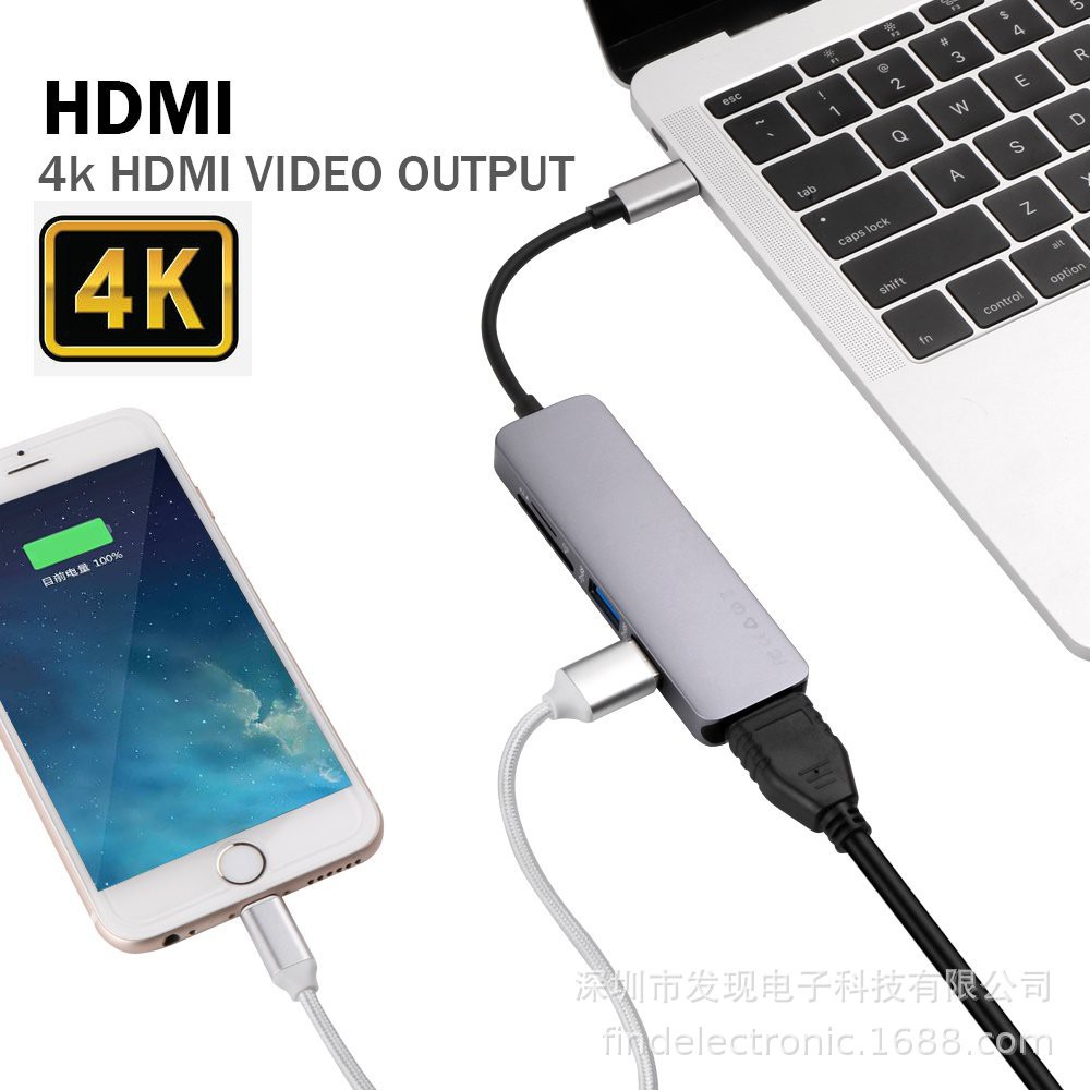 5 in 1 Type C Hub 4K HDMI Output 2 USB 3.0 Port SDTF Card Reader USB-C ...