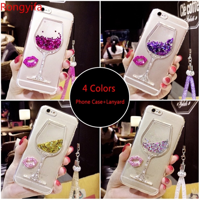 Bling Glitter Phone Case For Motorola Moto E6 E5 Play E4 Plus Z3 Z2 Z Play C Case QuickSand Back TPU Case With Hang Rope Wine Glass Liquid Sand Clear Soft Cover