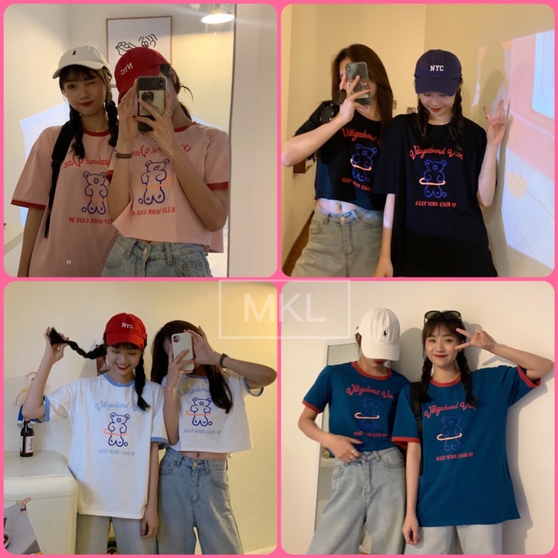 💥MKL💥 เสื้อยืด พิมพ์ลายน้องหมี ครอปเอวลอย สไตล์เกาหลี มีให้เลือก2แบบ   🐻 #9350-51