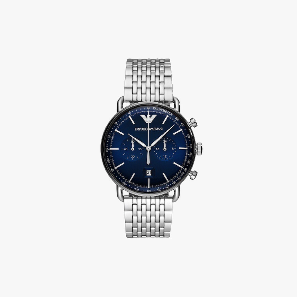 Emporio Armani นาฬิกาข้อมือผู้ชาย Aviator Chronograph Quartz Blue Dial Silver รุ่น AR11238
