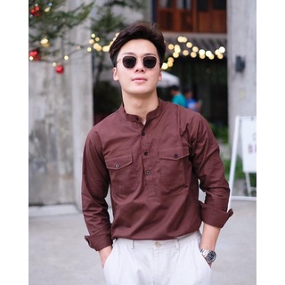 เสื้อเชิ้ตคอจีน รุ่น กระเป๋าคู่ แขนยาว ผ้า Oxford Cotton คุณภาพดี นุ่