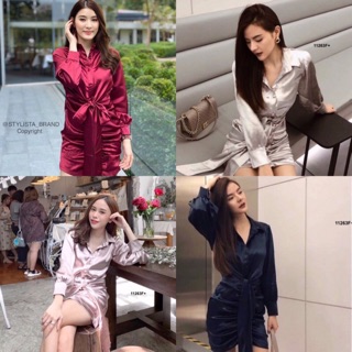 เดรสกระดุมหน้าปกเชิ้ตแขนยาว มีโบว์ผูกด้านหน้า NI11263