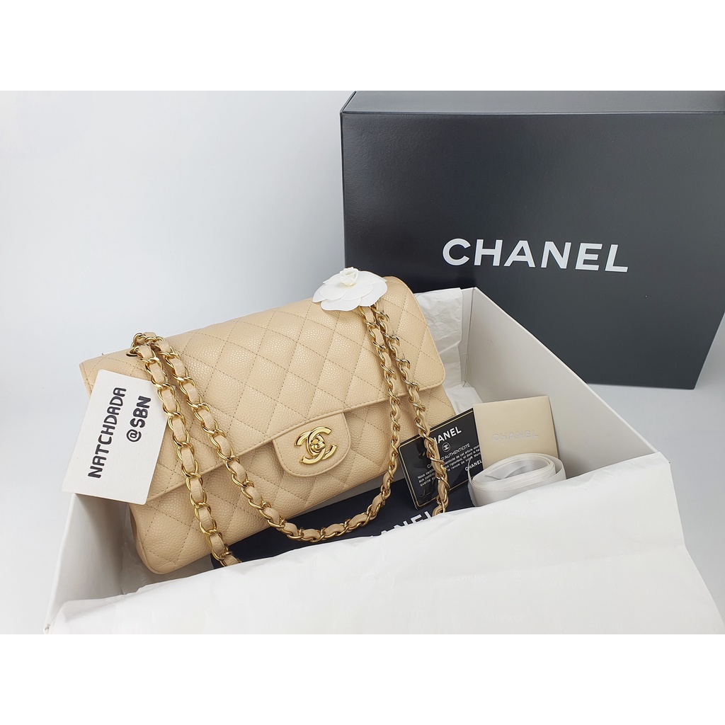 USED!!! CHANEL CLASSIC 10" DOUBLE FLAP BEIGE CAVIAR GHW