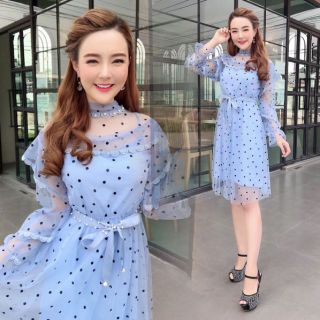 เดรสลูกไม้พิมพ์ลายจุดสีฟ้าหวาน