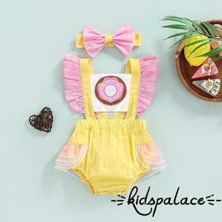 BbQ-Infant Baby Girl Summer Jumpsuit Set, Ruffled Sleeve Donut Graphic Print Contrast Color Romper + Bow Headband