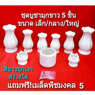 ชุดบูชาเซรามิกเคลือบมุก..ครบ 3 อย่าง(5 ชิ้น)..มี 3 ขนาด / 2 สี แถมฟรี!เมล็ดพืชมงคล 5 ใส่ในกระถางธูป