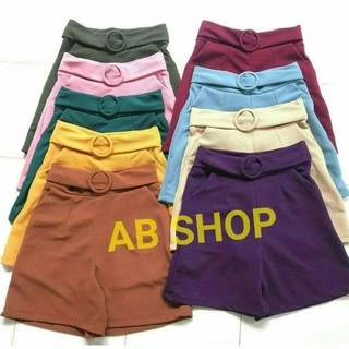 กางเกงขาสั้น เอวสูง แต่งเข็มขัดกลม เอว 26-34 นิ้ว (Freesize) ผ้าวูลเวฟ-#-2