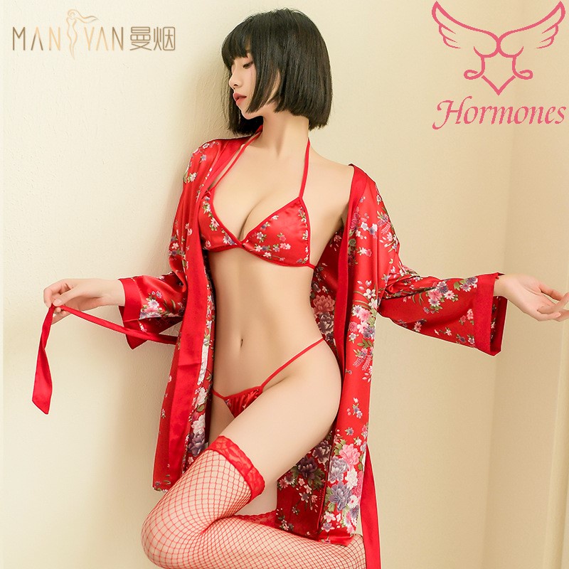 Hormones ชุดคลุมกิโมโน ผ้าซาตินลายดอกสีแดงพร้อมชั้นใน ชุดคลุมนอน พร้อมส่งที่ไทย（H1308)