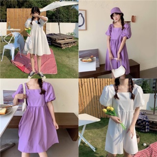 🍨 Remi korean dress ชุดเดรสสั้น คอเหลี่ยม เเขนพอง+หมวก ไม่มีซับใน มี2สี ม่วง ขาว 🌈