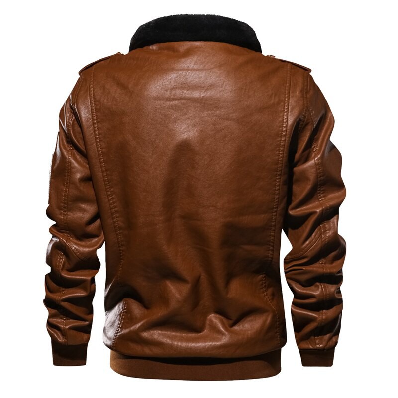 Men Motorcycle PU Leather Jacket Winter Warm Luxury Fleece Retro Coat Fur Collar Biker Bomber Pilot Faux Leather Jacket #4