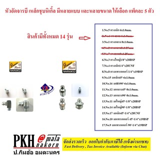 หัวอัดจารบี เหล็กชุบนิเกิ้ล 5ตัว หลายแบบให้เลือก ตรง,งอ45,งอ90  (M6x1.0,M8x1.0,M8x1.25,1/8x28BSP,1/4x28UNF,1/4x19BSP)