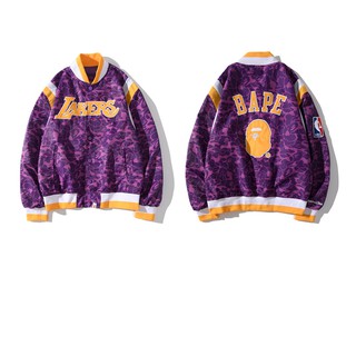 เสื้อแจ็กเก็ต ปักลาย NBA Lakers สีม่วง สไตล์สตรีท พลัสไซซ์ รองรับ 100 กก.