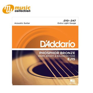 สายกีตาร์โปร่ง D’Addario EJ15 Phosphor Bronze Acoustic Guitar Strings, Extra Light, 10-47