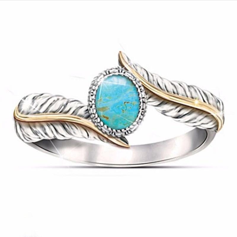 Womens Jewelry Turquoise Feather Ring Cocktail Party Rings Bridal Wedding Gift