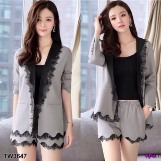 👗Pfashion [ส่งไว!!🚛] P3647 Set สูท+กางเกงขาสั้น แต่งลูกไม้ Set: suit + shorts with lace trim