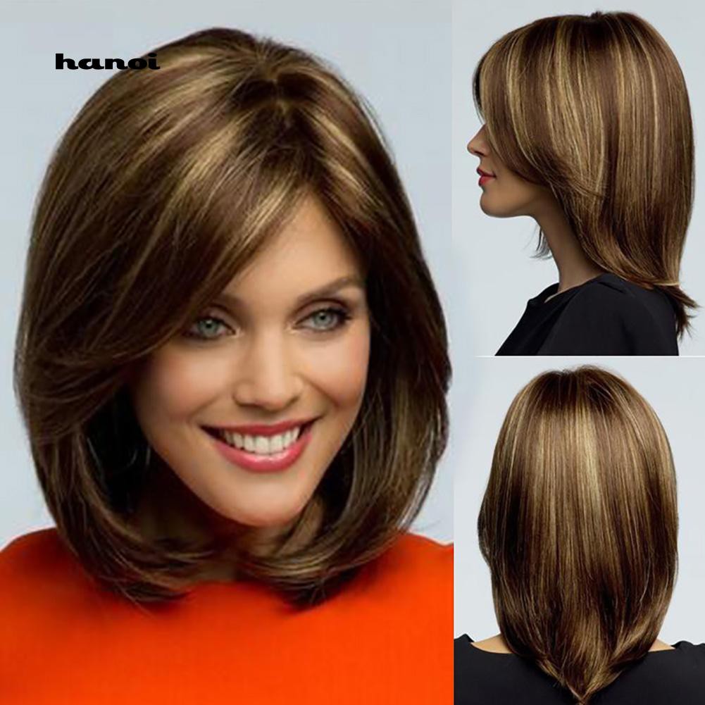 Hn Mixed Color Side Fringe Shoulder Length Women Wig Party Faux