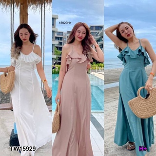 dress แม๊กซี่เดรสสานไขวืหลังรอบอกระบายงานไหมอิตาลี่สีพื้น